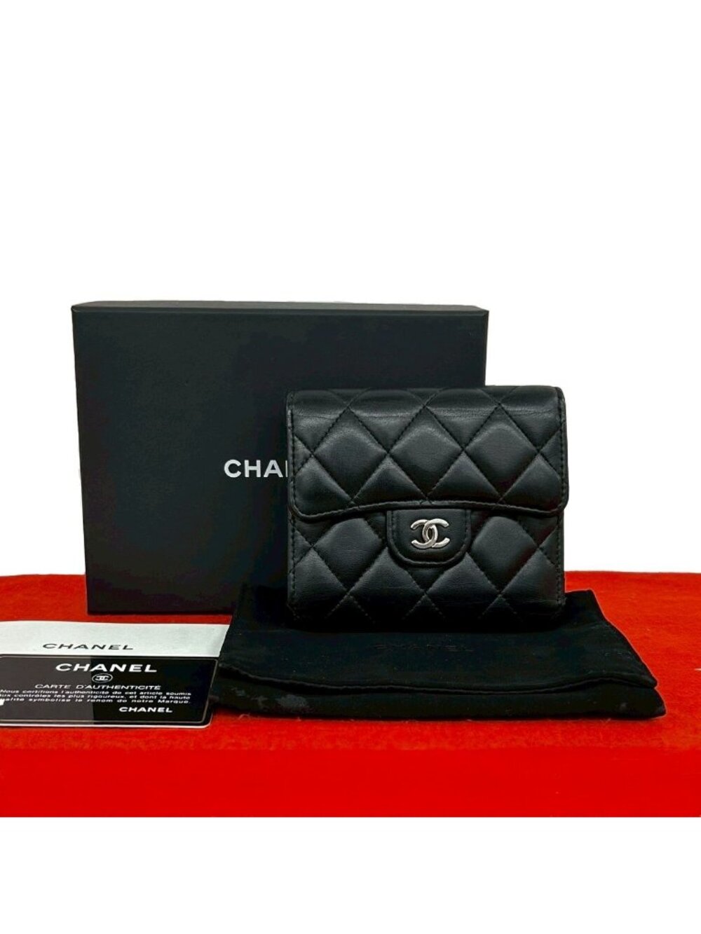 Chanel Box Card with Quilted CC Logo Lambskin Trifold Wallet Black